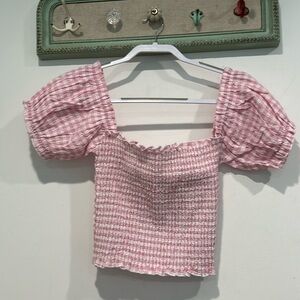 Chaser pink white gingham print puff statements sleeve smocked top small women’s